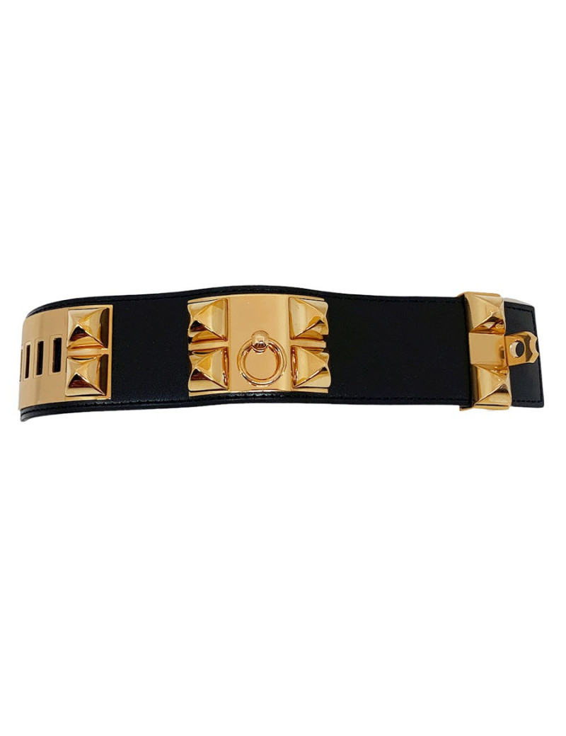 Bracelet collier de chien HERMES noir en cuir de veau