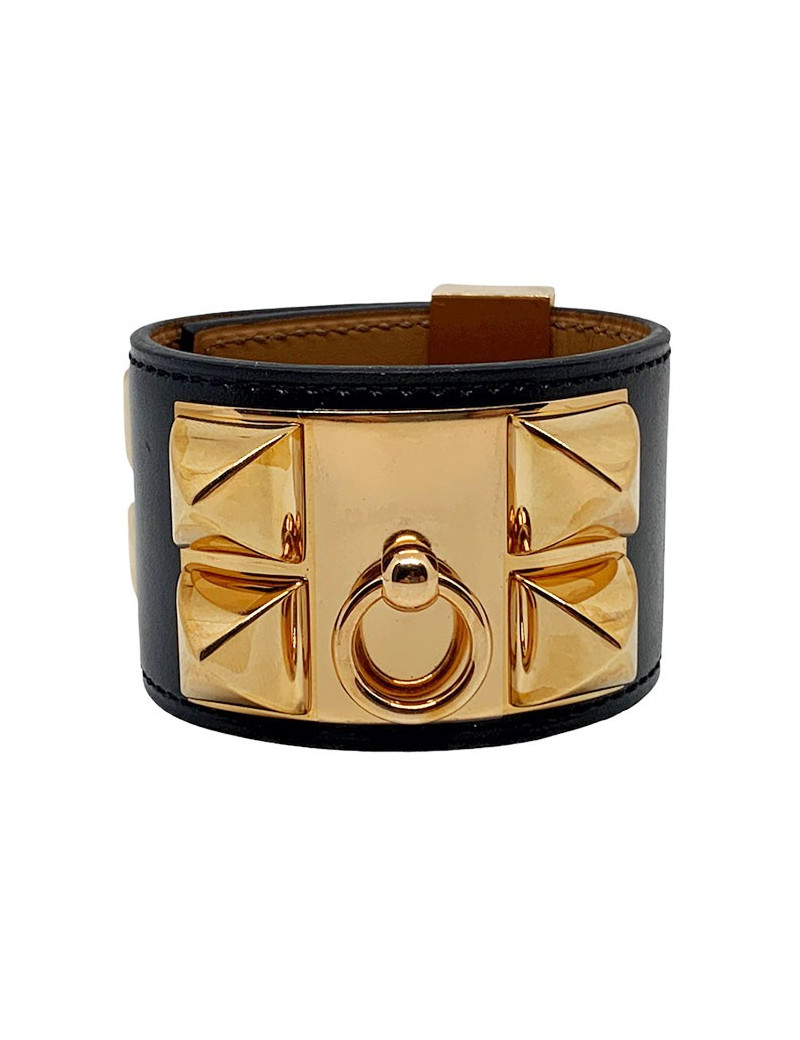 Bracelet collier de chien HERMES noir en cuir de veau