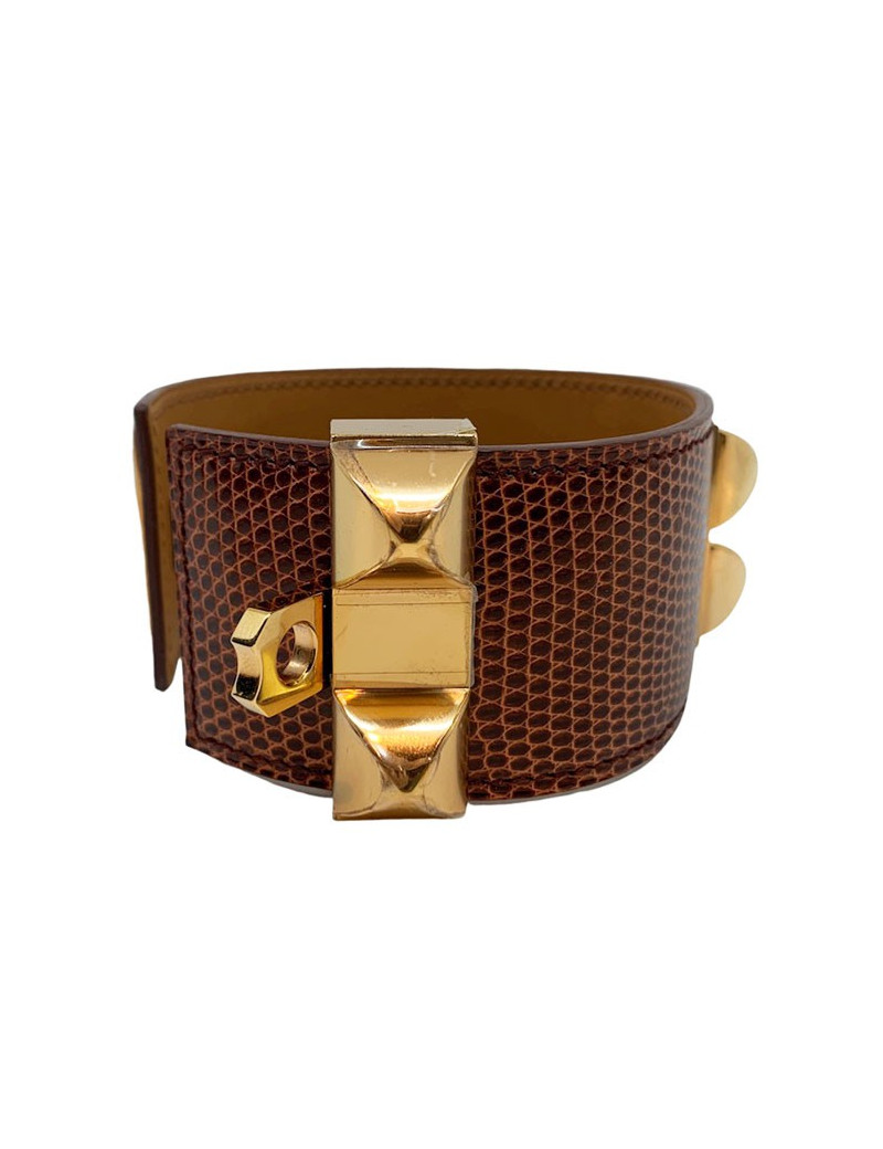 Bracelet HERMES collier de chien cuir lezard lisse etrusque