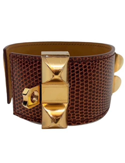 Bracelet HERMES collier de chien cuir lezard lisse etrusque