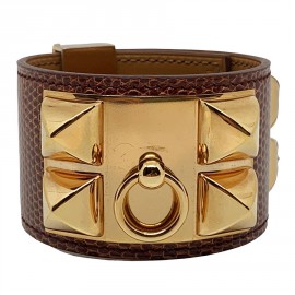 Bracelet HERMES collier de chien cuir lezard lisse etrusque