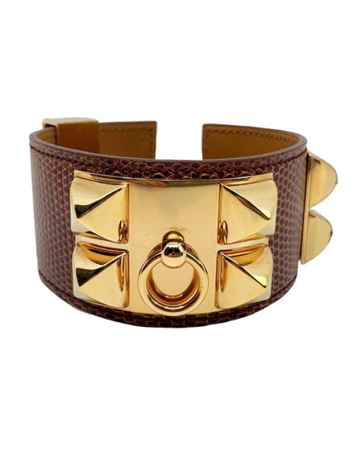 Bracelet HERMES collier de chien cuir lezard lisse etrusque