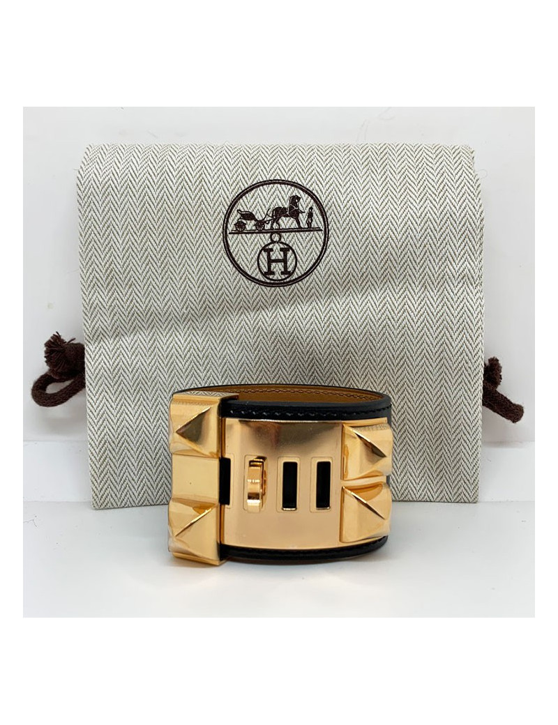 Bracelet collier de chien HERMES noir en cuir de veau