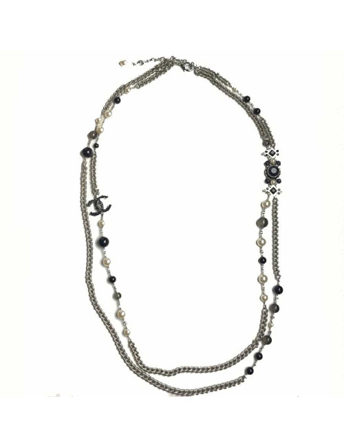 Sautoir Chanel CC argenté et perles