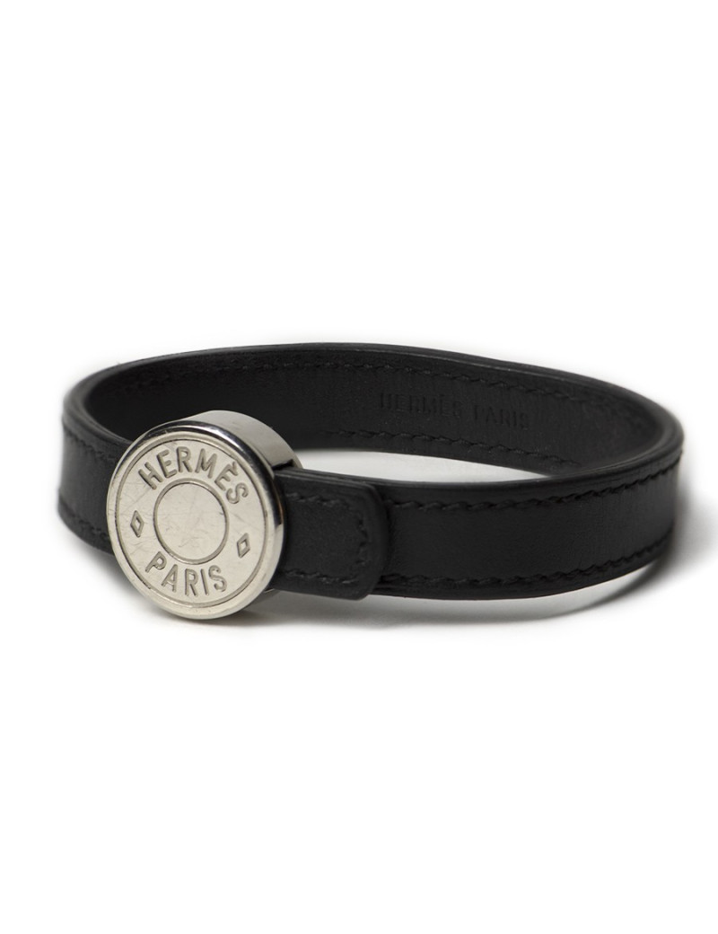 Bracelet Clou de selle HERMES cuir noir
