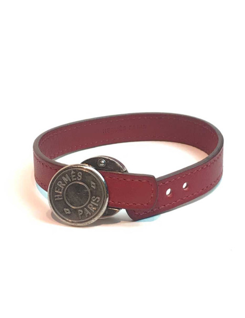 Bracelet HERMES clou de selle cuir cerise