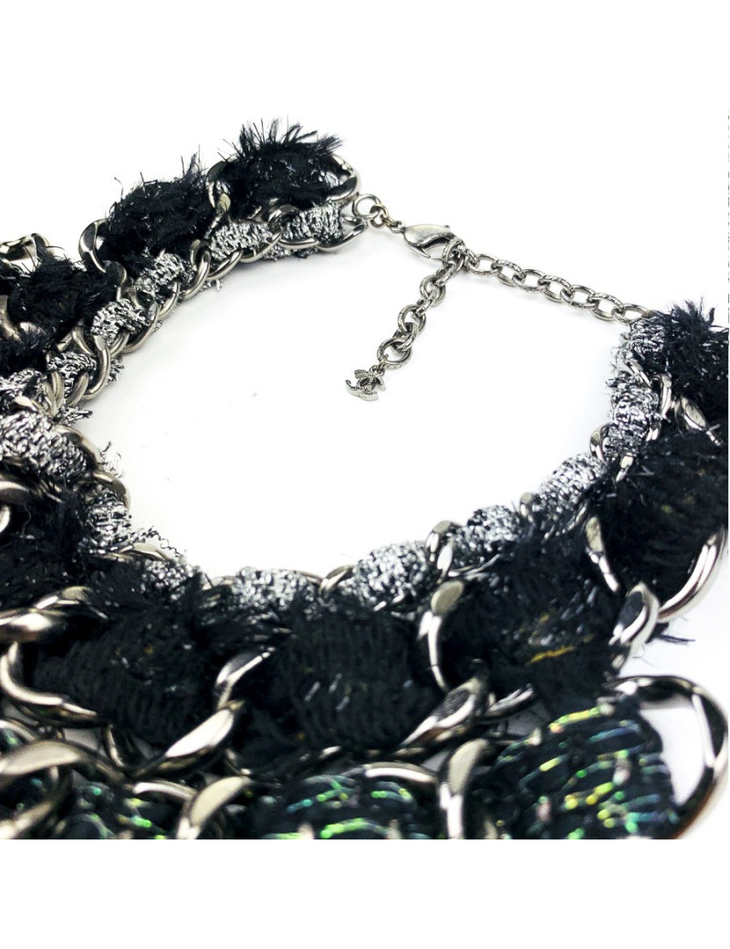 CHANEL chains and tweed bib necklace