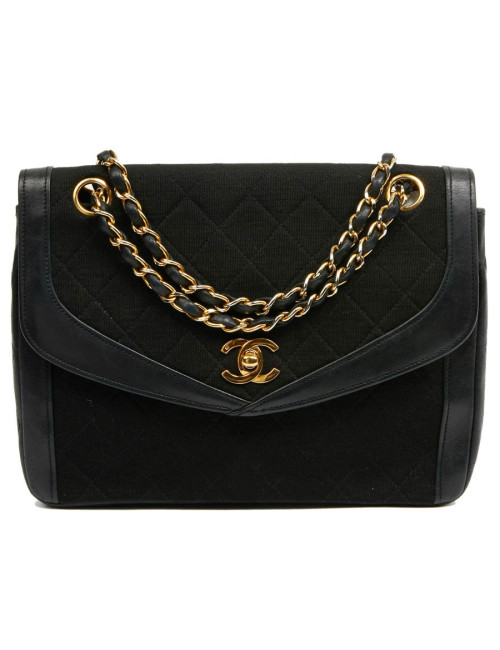 Sac Timeless CHANEL jersey noir et cuir