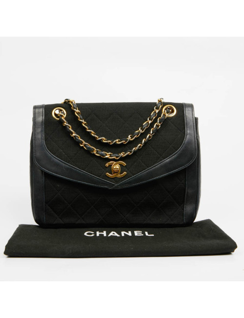 Sac Timeless CHANEL jersey noir et cuir