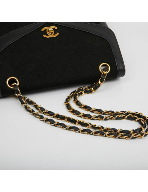 Sac Timeless CHANEL jersey noir et cuir