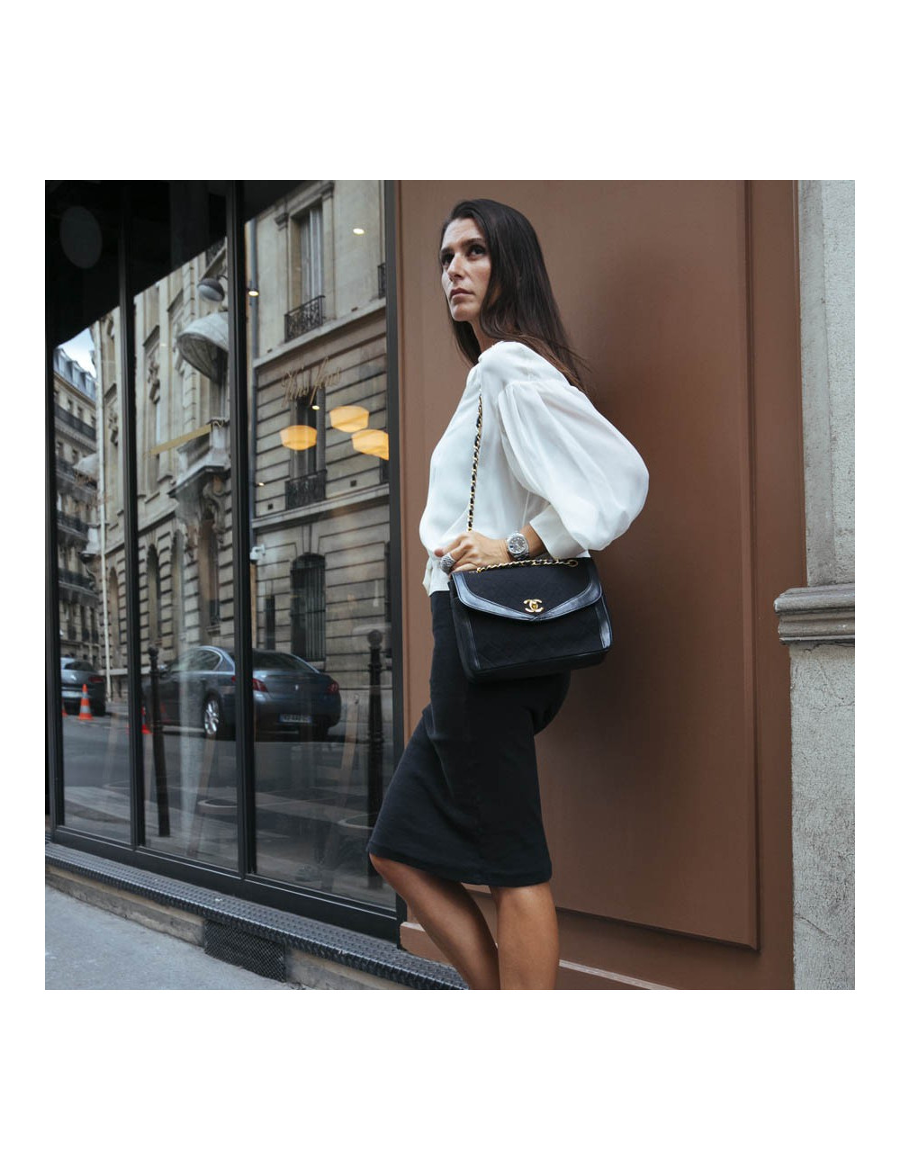 Sac Timeless CHANEL jersey noir et cuir