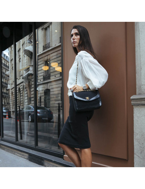 Sac Timeless CHANEL jersey noir et cuir