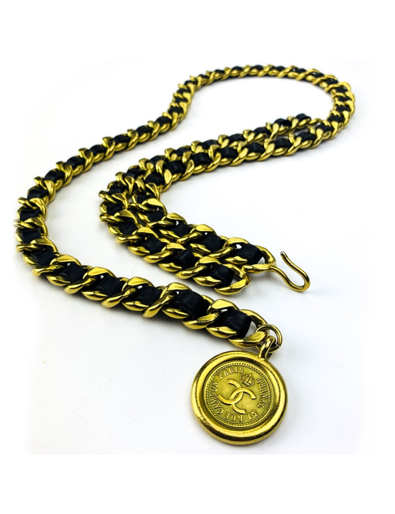Ceinture CHANEL 80's chaine dorée entrelacée de cuir noir