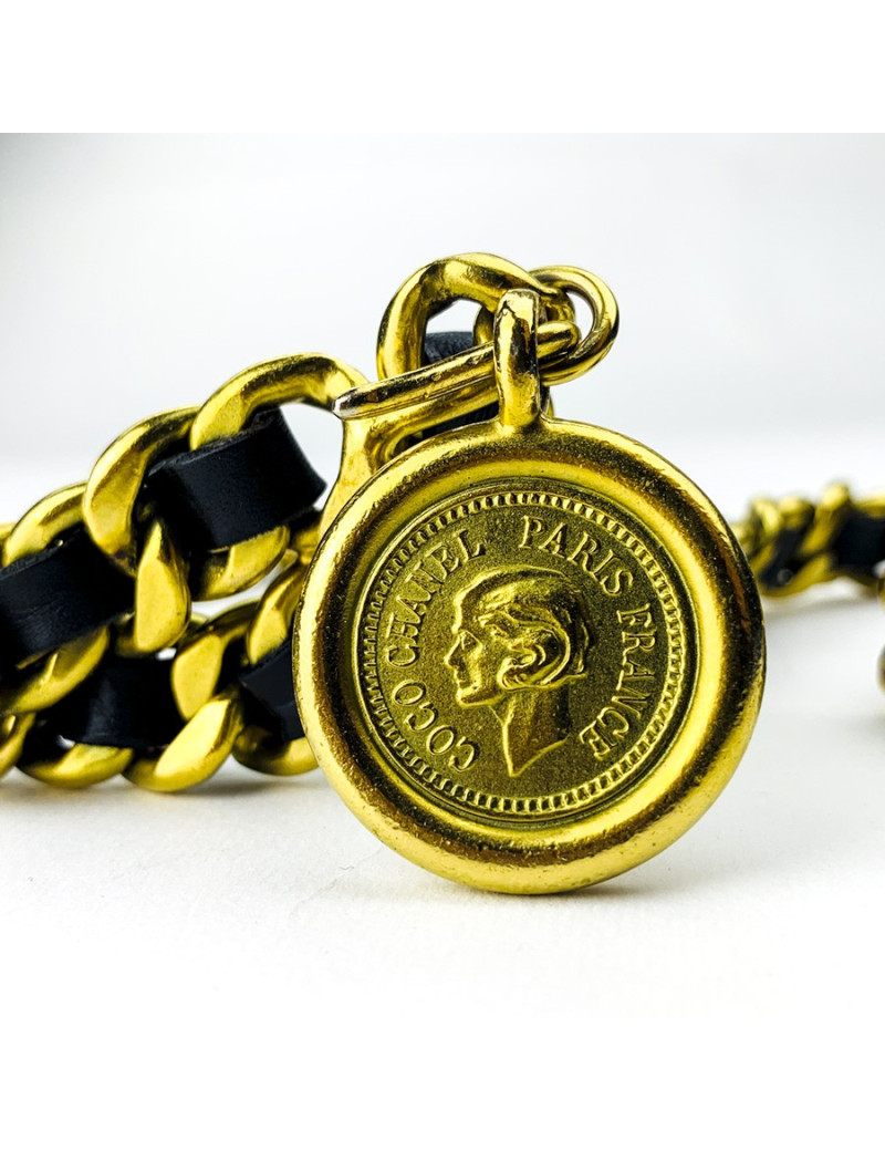 Ceinture CHANEL 80's chaine dorée entrelacée de cuir noir