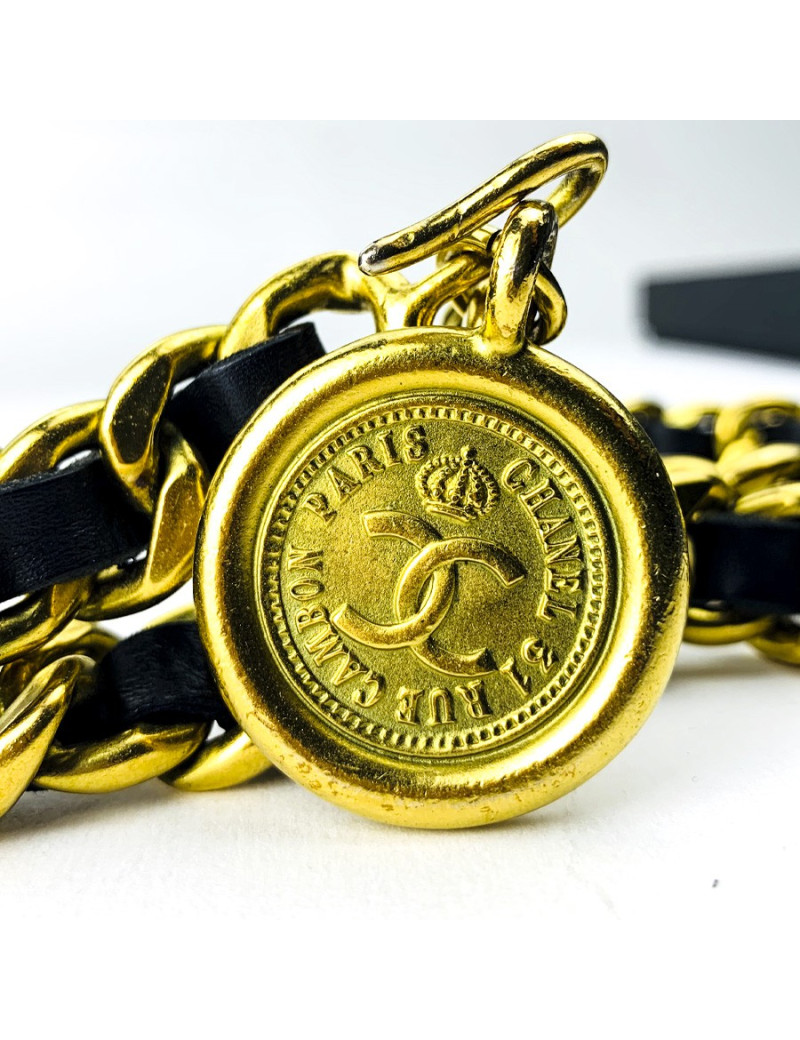 Ceinture CHANEL chaine dorée entrelacée de cuir noir