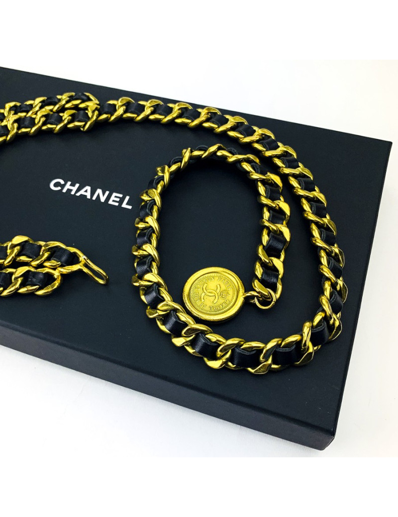 Ceinture CHANEL chaine dorée entrelacée de cuir noir