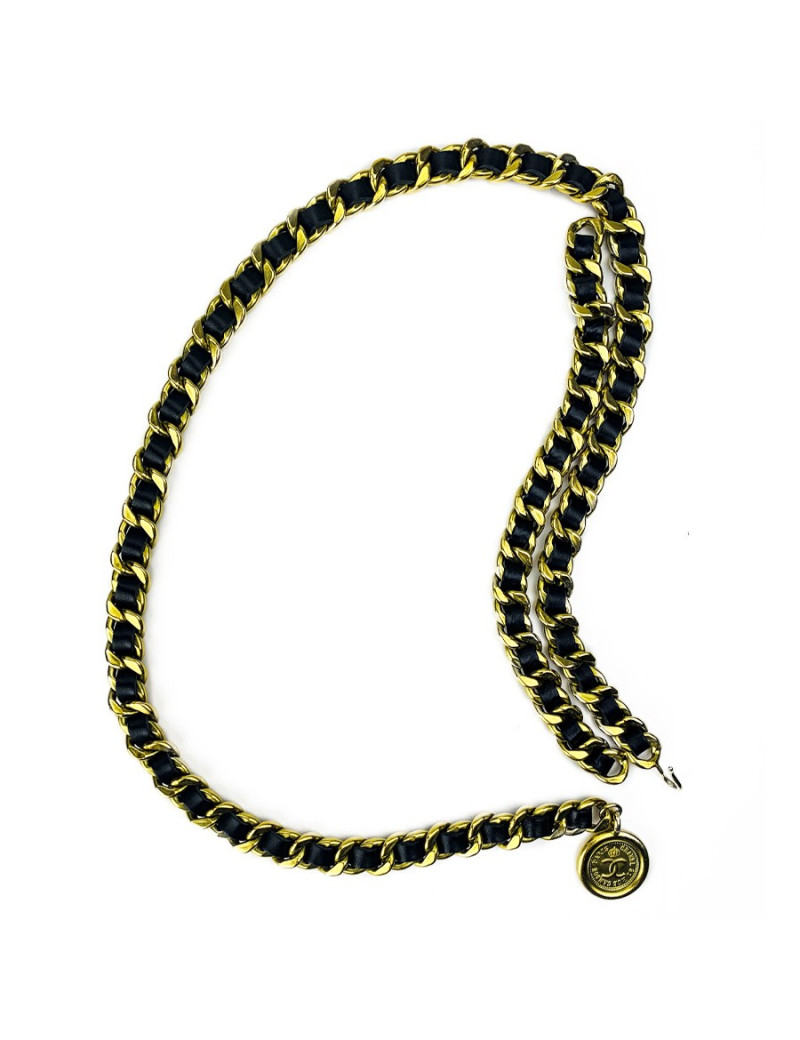 Ceinture CHANEL chaine dorée entrelacée de cuir noir