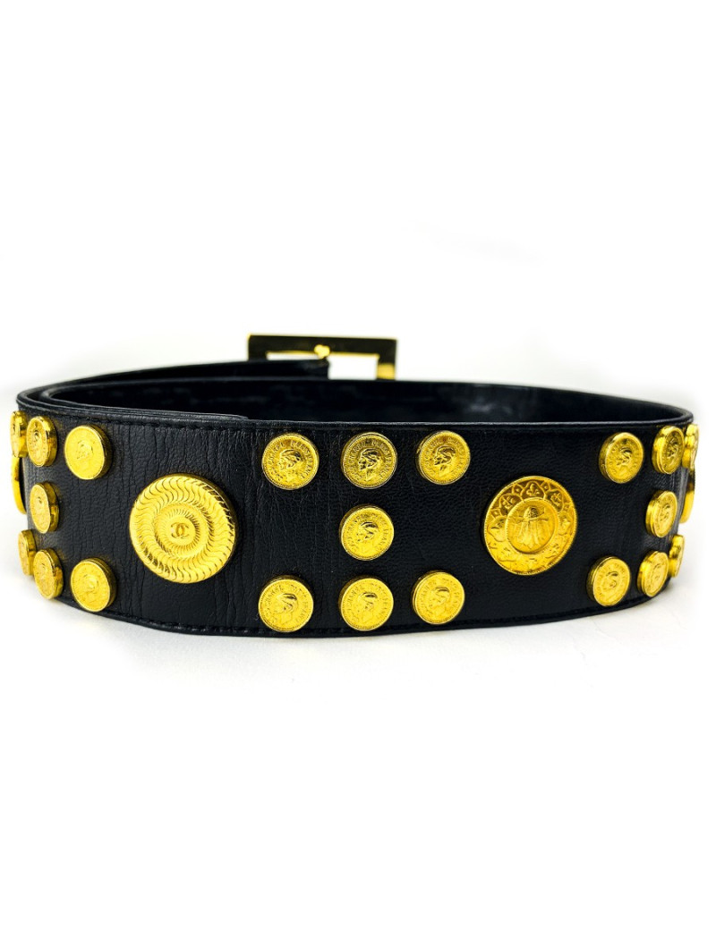 Ceinture T70 CHANEL Vintage cuir noir et pièces dorées
