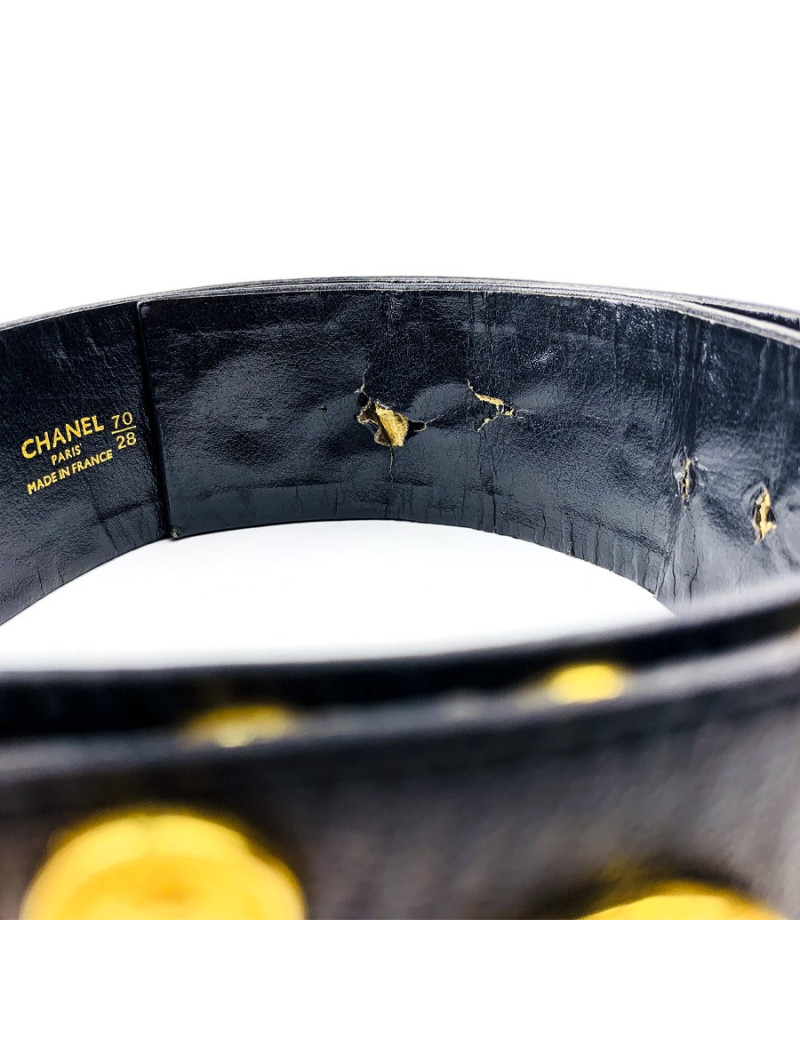 Ceinture T70 CHANEL Vintage cuir noir et pièces dorées