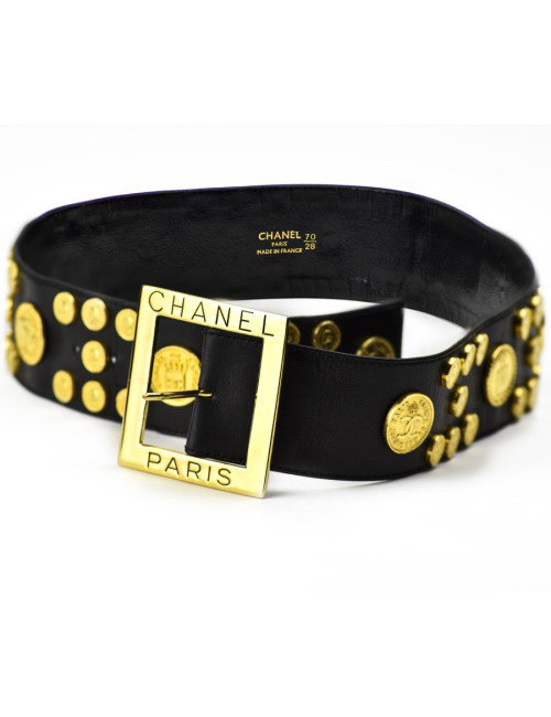 Ceinture T70 CHANEL Vintage cuir noir et pièces dorées