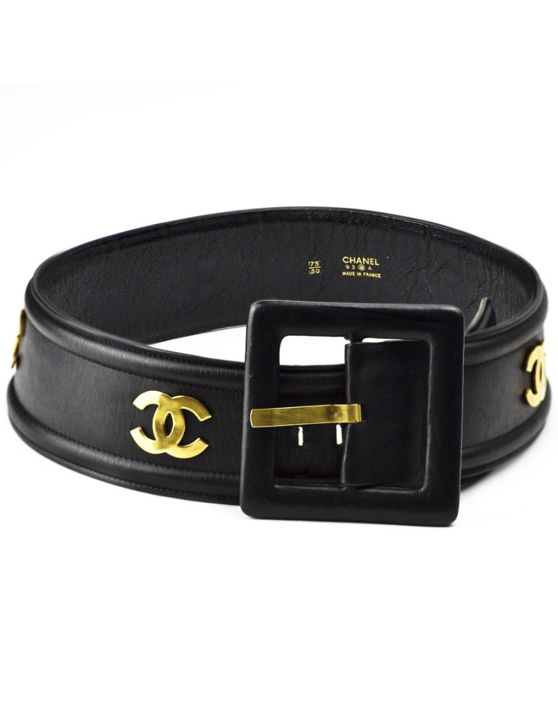 Ceinture CHANEL T 75 cuir noir et CC dorés