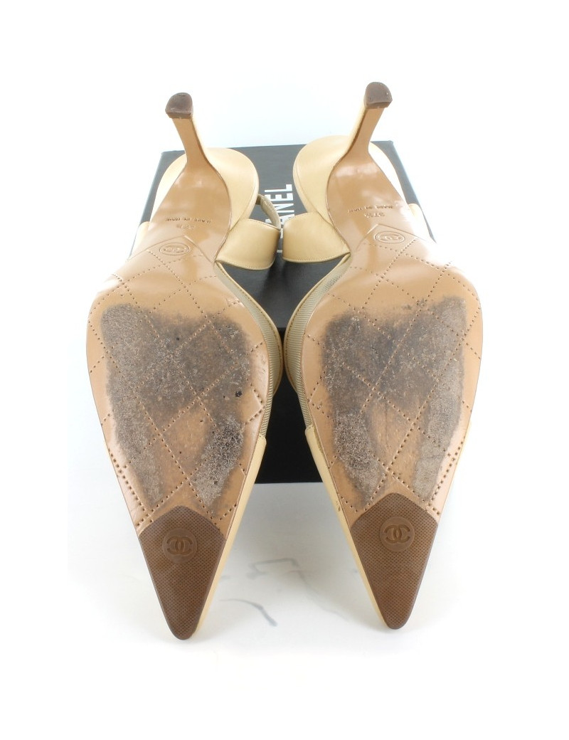 Escarpins CHANEL en cuir et résille beige T 37,5