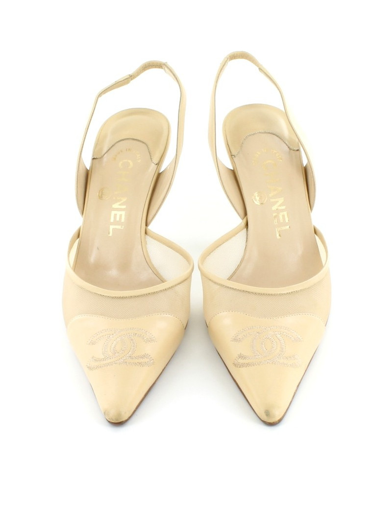 Escarpins CHANEL en cuir et résille beige T 37,5