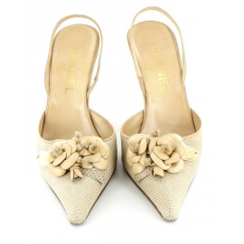 Shoes CHANEL beige lizard and camellias T 36.5