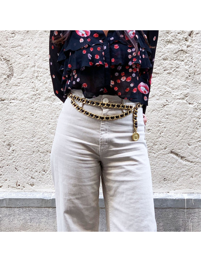 Ceinture CHANEL 80's chaine dorée entrelacée de cuir noir