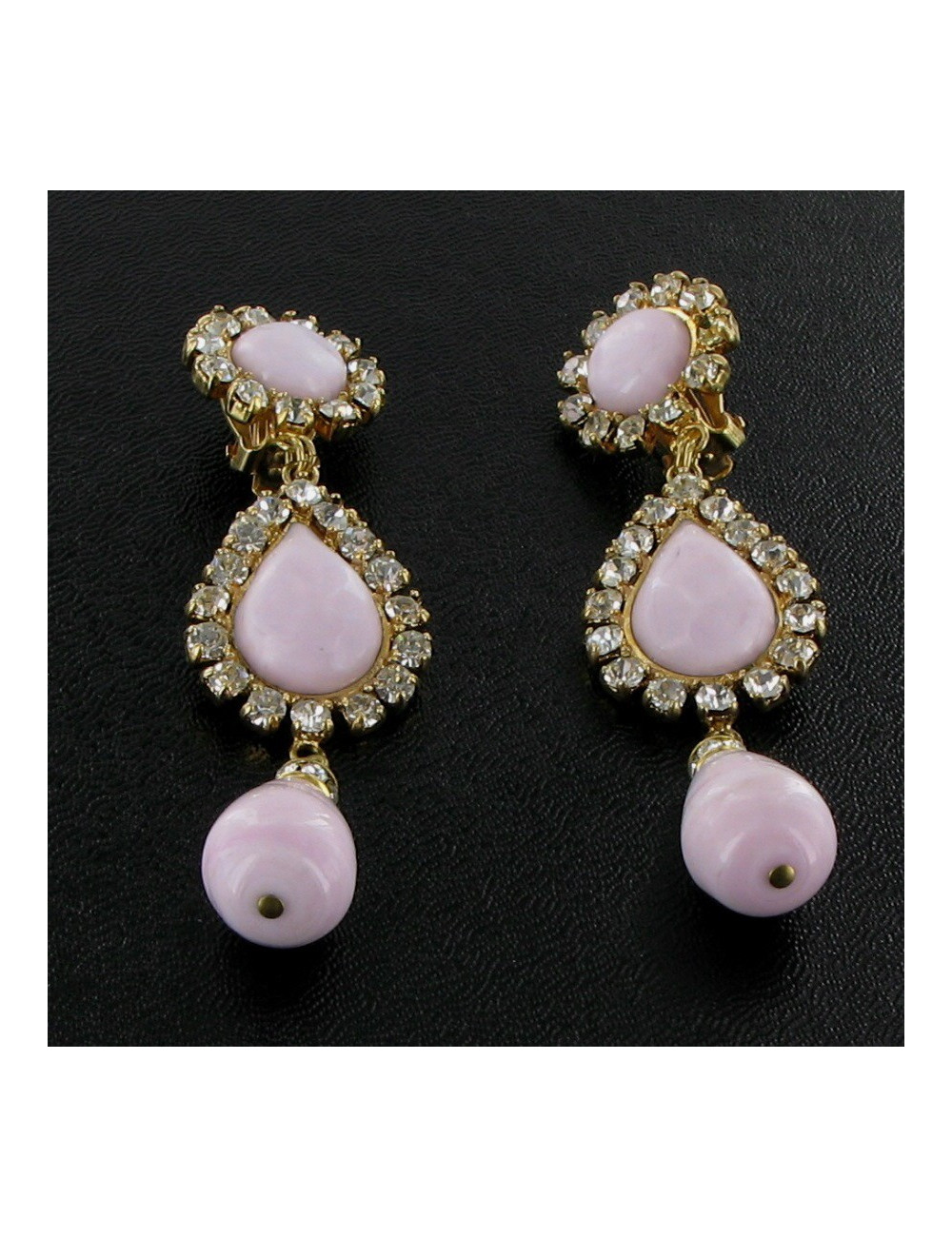 Clips d'oreilles MARGUERITE de VALOIS gold, pâte de verre rose et strass