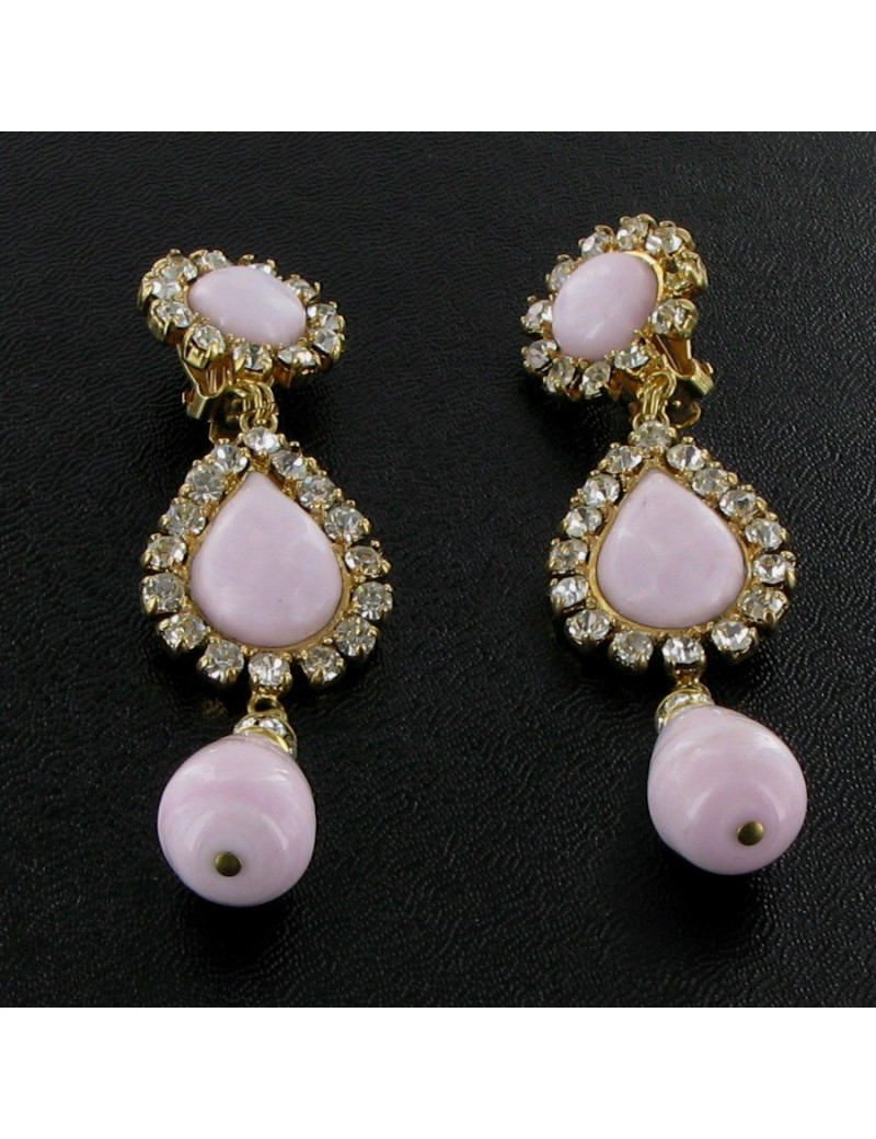 Clips d'oreilles MARGUERITE de VALOIS gold, pâte de verre rose et strass