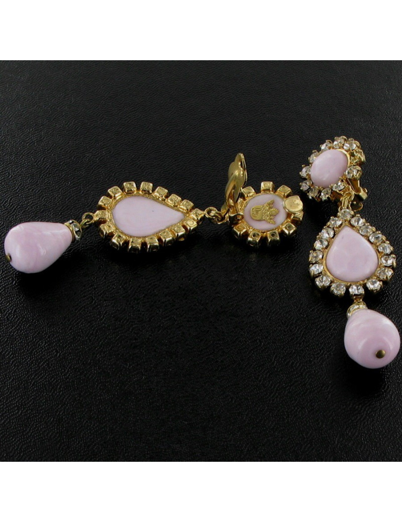 Clips d'oreilles MARGUERITE de VALOIS gold, pâte de verre rose et strass