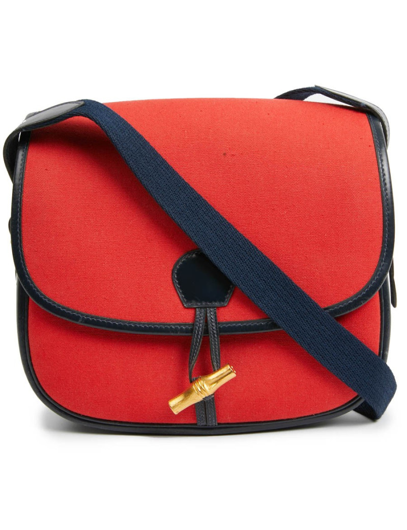 Duffle Bamboo HERMES tissu rouge et cuir bleu