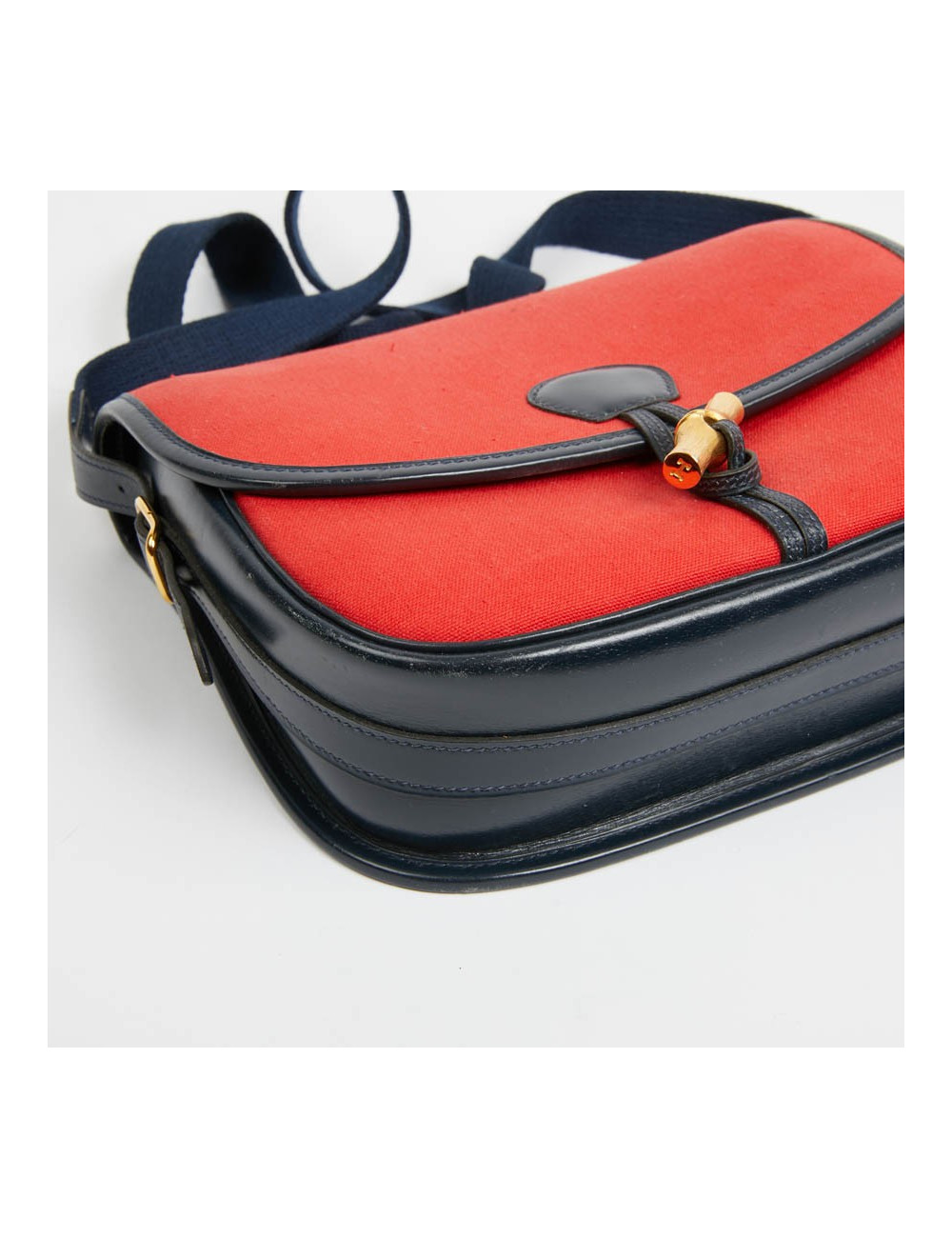 Duffle Bamboo HERMES tissu rouge et cuir bleu