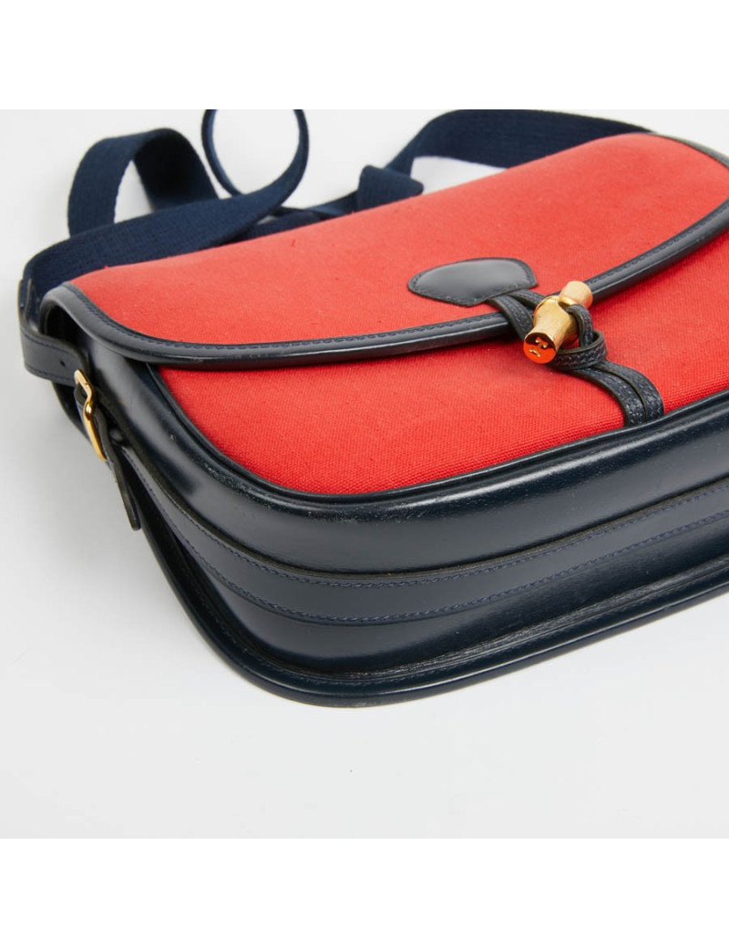Duffle Bamboo HERMES tissu rouge et cuir bleu