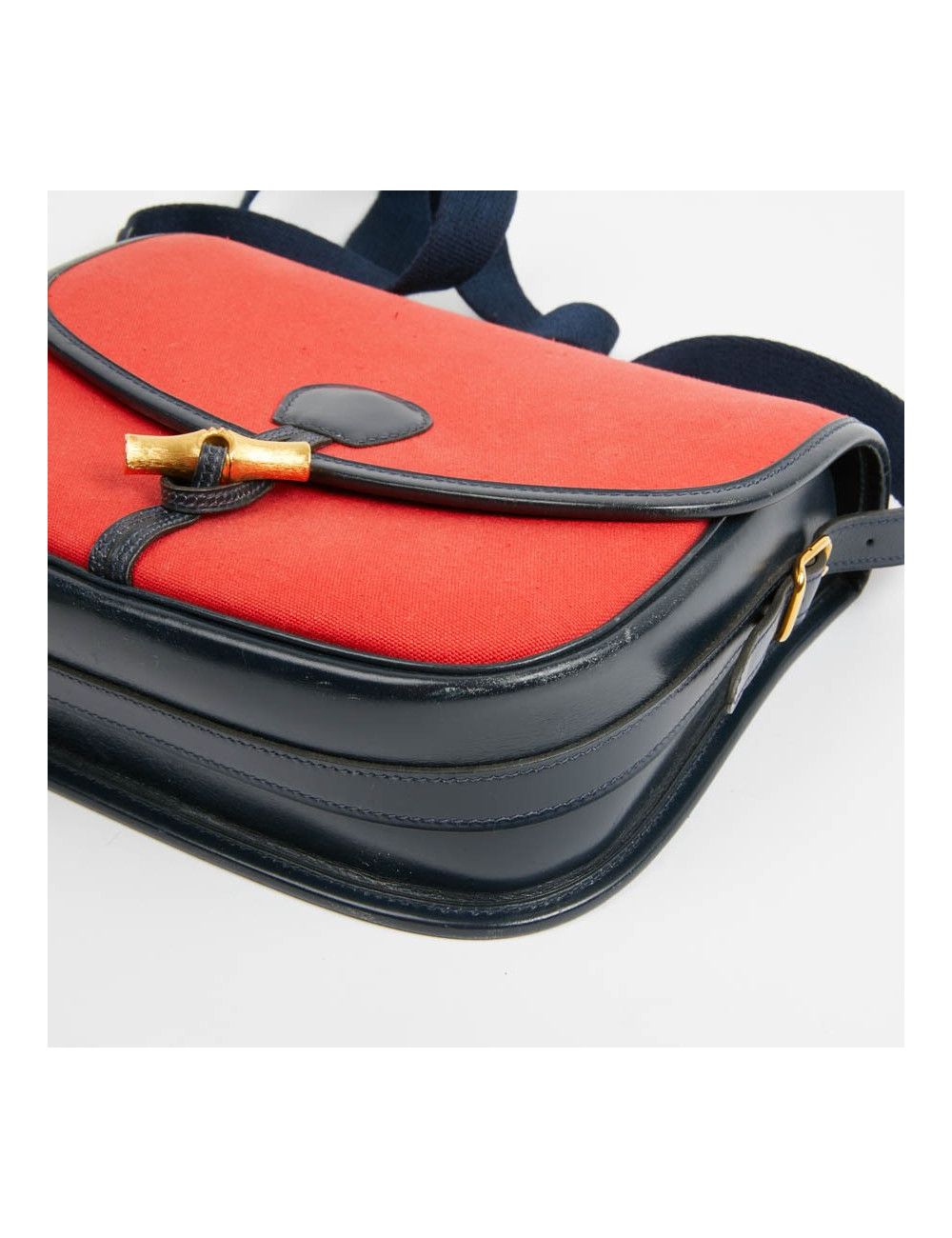 Duffle Bamboo HERMES tissu rouge et cuir bleu