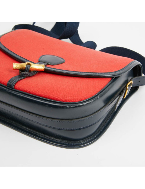 Duffle Bamboo HERMES tissu rouge et cuir bleu