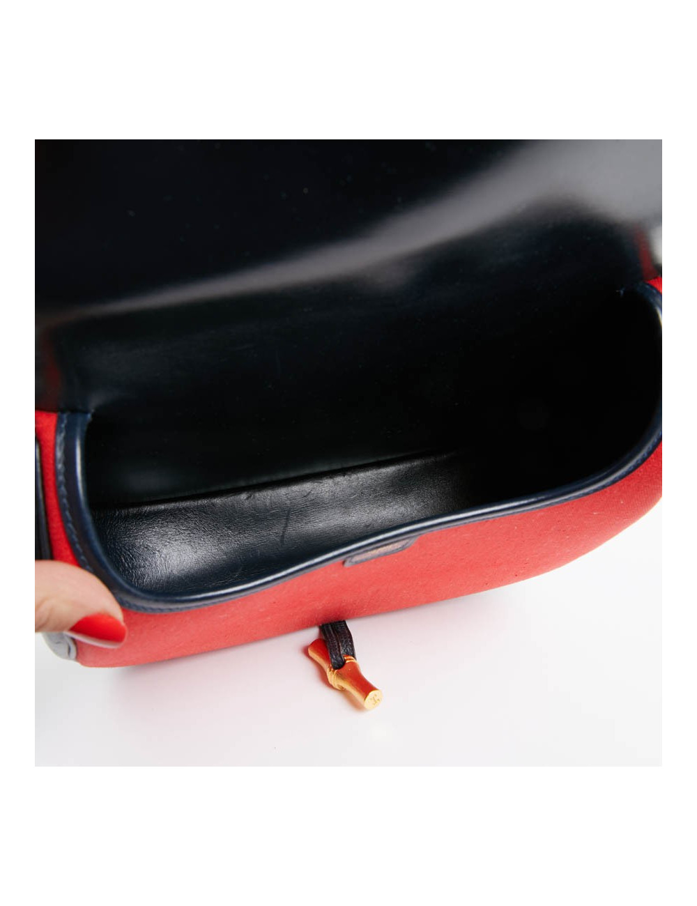 Duffle Bamboo HERMES tissu rouge et cuir bleu