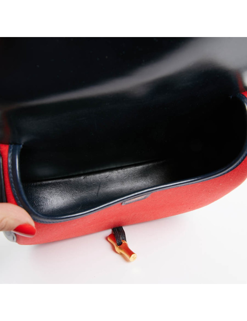 Duffle Bamboo HERMES tissu rouge et cuir bleu