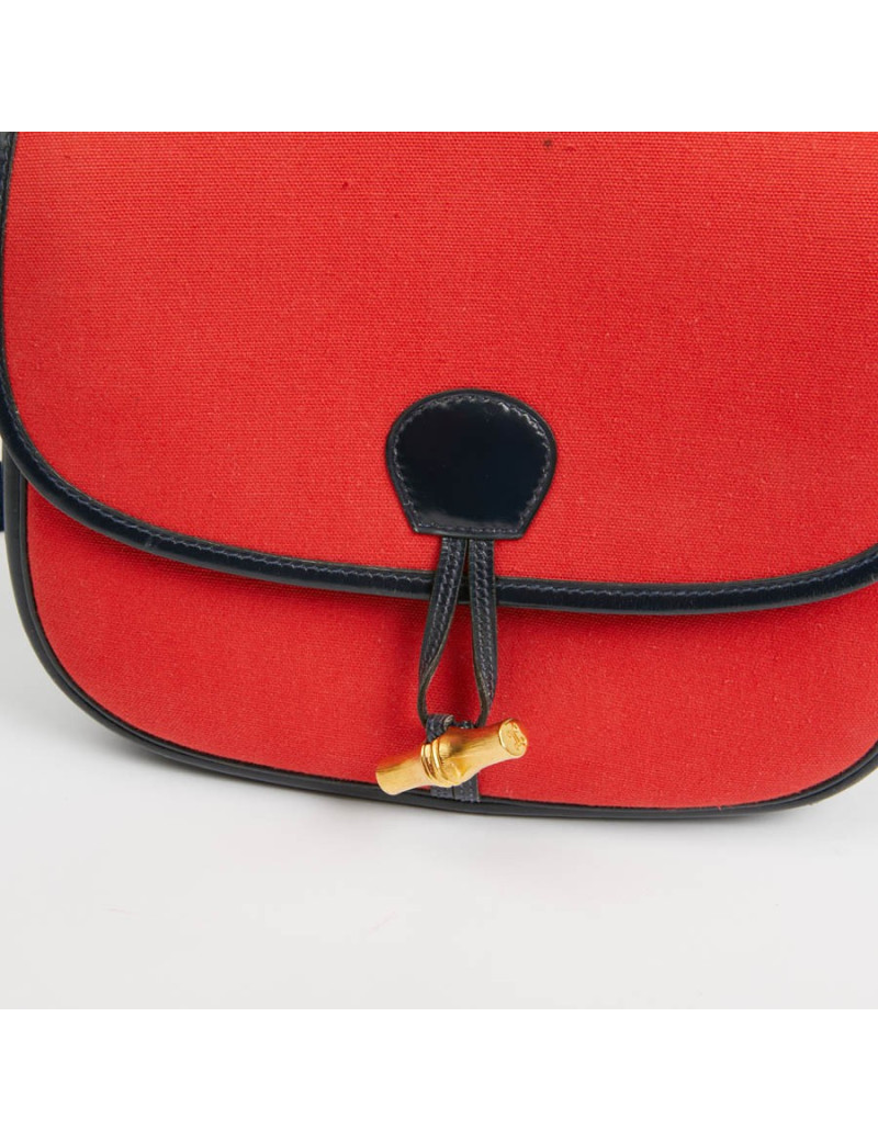 Duffle Bamboo HERMES tissu rouge et cuir bleu