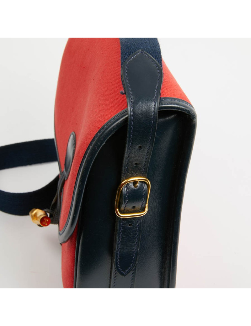 Duffle Bamboo HERMES tissu rouge et cuir bleu