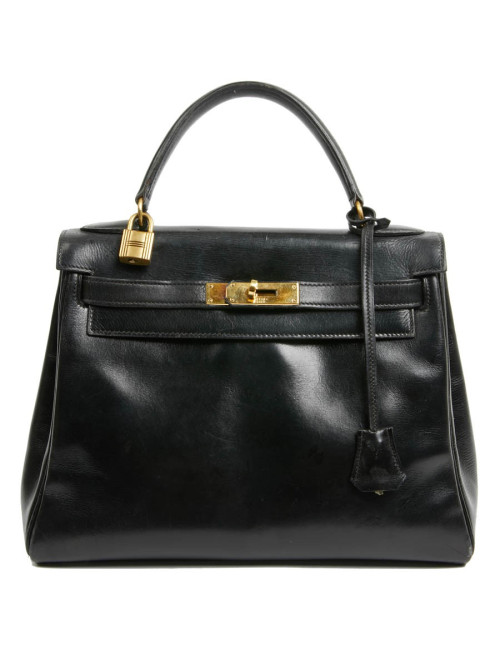 Kelly 28 HERMES cuir box noir Vintage