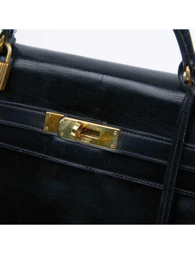 Kelly 28 HERMES cuir box noir Vintage