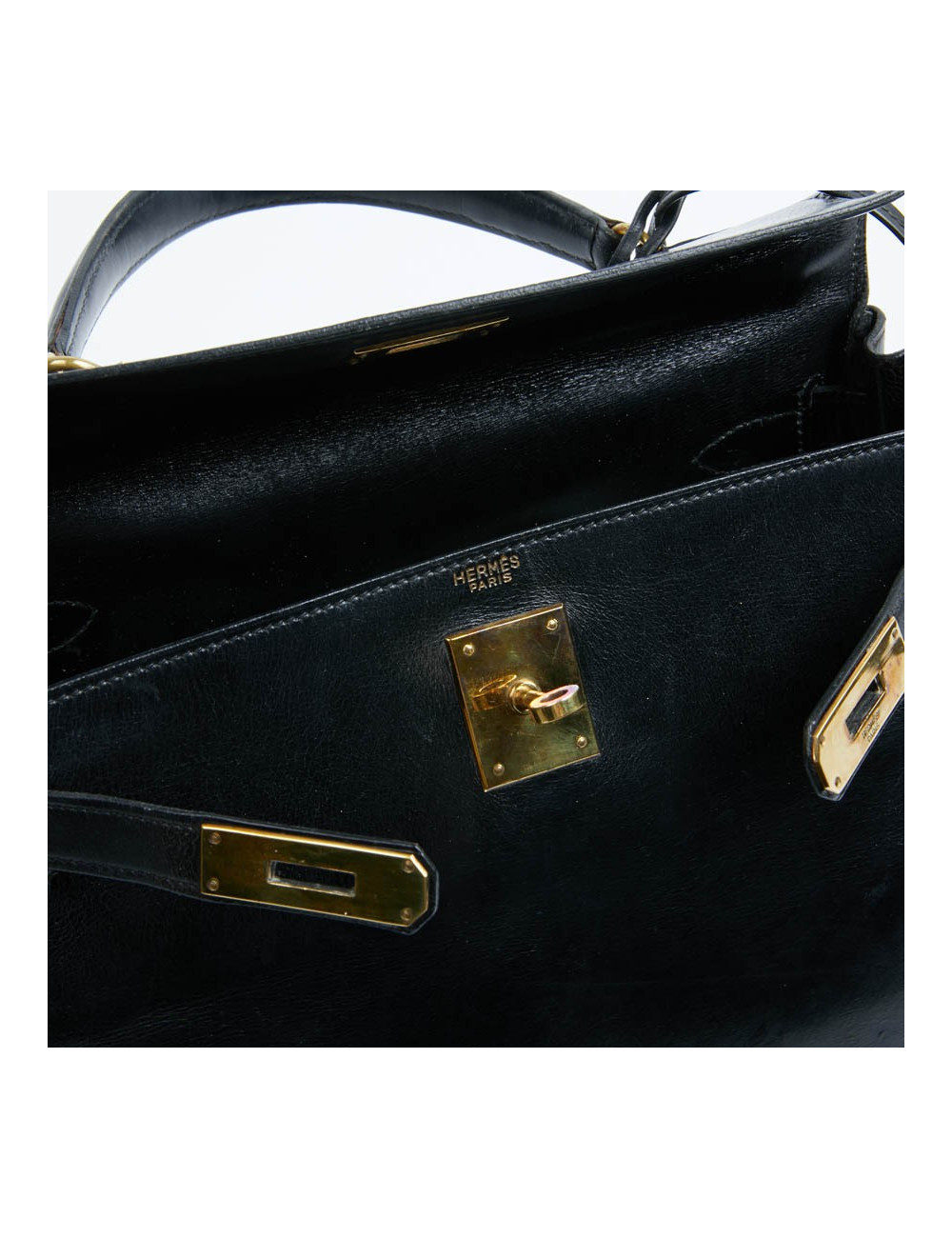 Kelly 28 HERMES cuir box noir Vintage