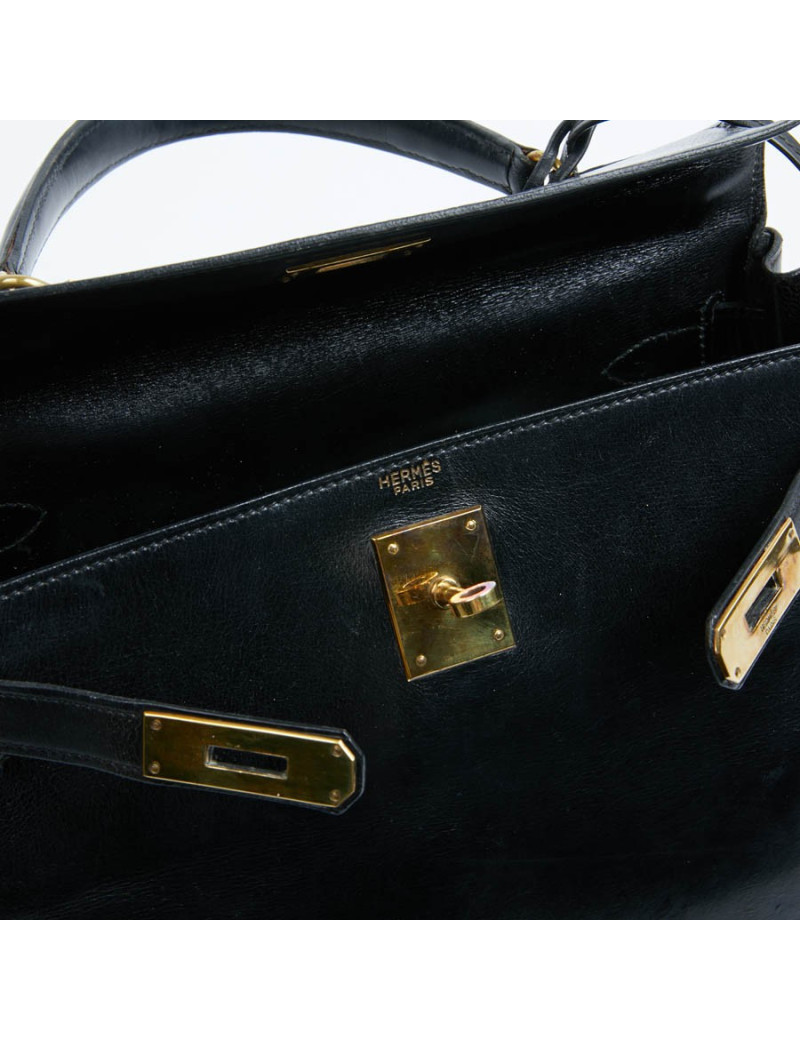 Kelly 28 HERMES cuir box noir Vintage