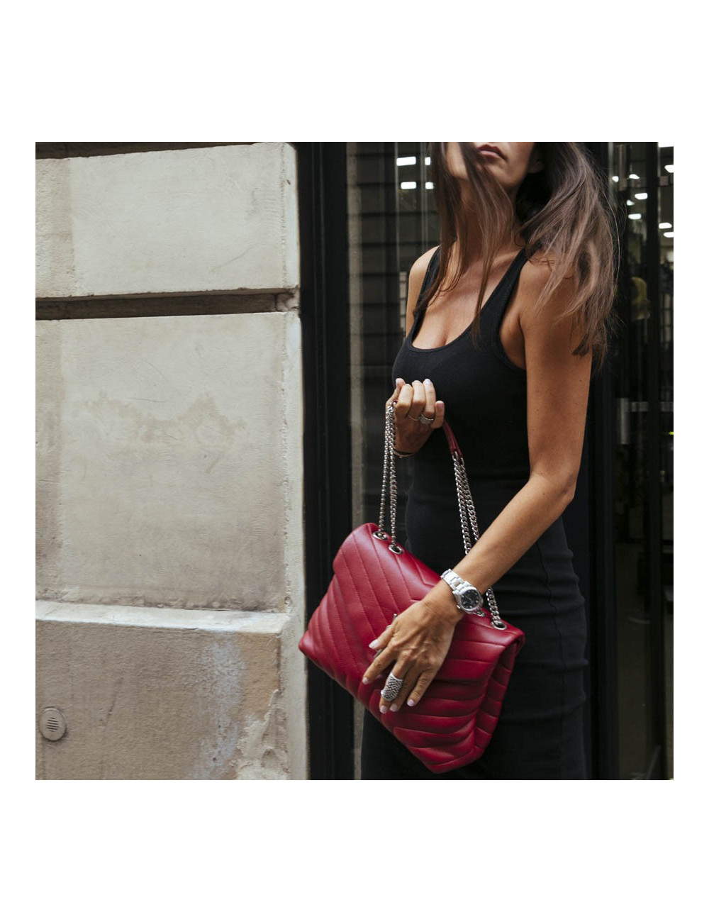 Sac YSL Loulou SAINT LAURENT cuir chevrons rouge