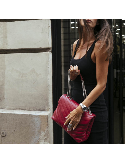 Sac YSL Loulou SAINT LAURENT cuir chevrons rouge