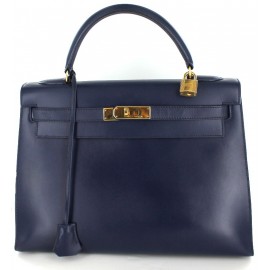 Kelly 32 HERMES cuir box bleu marine coutures sellier