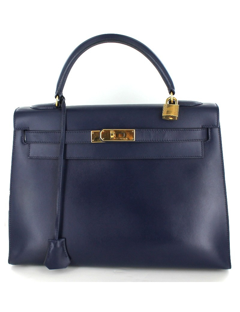 KELLY 32 HERMES cuir box bleu marine coutures sellier