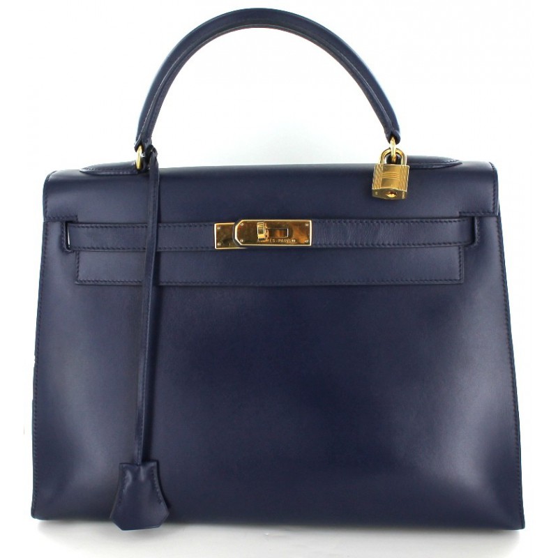 Kelly 32 HERMES leather Navy blue box seams sellier - VALOIS